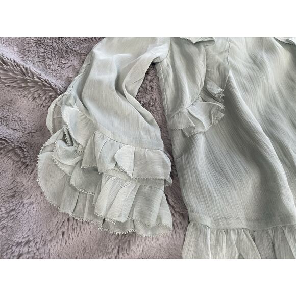 H & M Ruffled 3/4 Sleeve Chiffon Blouse Top Size 2 Green - Picture 2 of 10